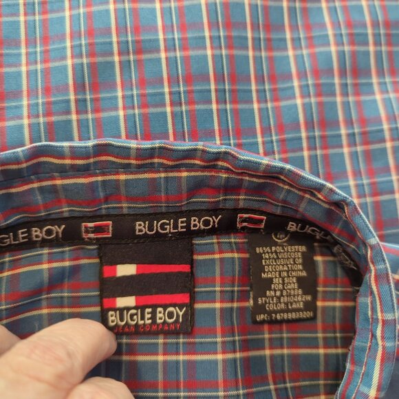 Bugle Boy Plaid Men's Vintage Blue Shirt M Patchwork Long Sleeve Retro Y2K - Picture 12 of 16